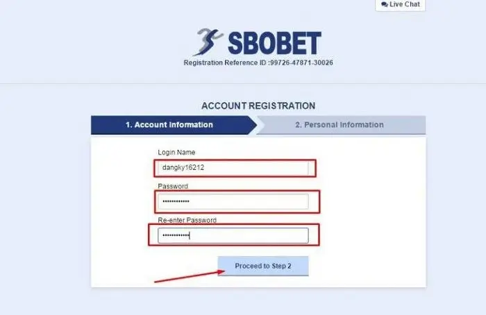 Nhập thông tin account khi đăng ký sbobet